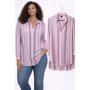 Ann Taylor Blouse Tunic Size Medium Pink Stripe Long Sleeve